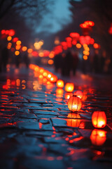 Poster - Festive red lanterns reflecting on wet stone pavement at night