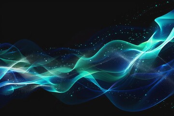 Fototapete - Digital wave wallpaper with flowing turquoise and blue patterns against a deep black background, creating a serene and modern ambiance perfect for technology-themed spaces