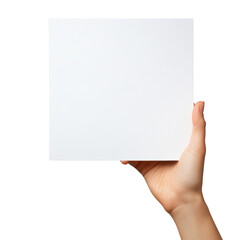 Aufkleber - A close up image shows a fair-skinned hand holding a blank white card against a black background.