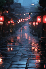 Poster - Rainy cobblestone street with glowing red lanterns at night