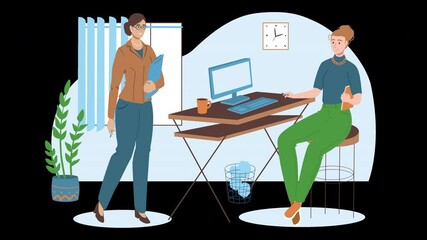 Poster - Two European women in a modern office setting, one standing with a clipboard and the other sitting at a desk working on a computer.