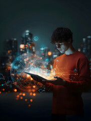 Young man using tablet, global network, cityscape background; technology, connectivity, future concept