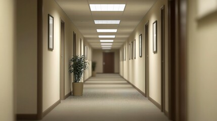 Long Office Corridor: A long, straight office corridor stretches into the distance, featuring evenly spaced doors, framed artwork, and a potted plant.