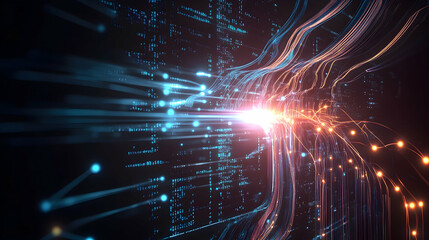 Abstract data flow visualization; glowing streams converge at central point; digital code background; technology concept illustration for websites or presentations