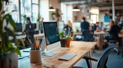 Poster - Modern Workspace with Computer on Wooden Tabletop in Office