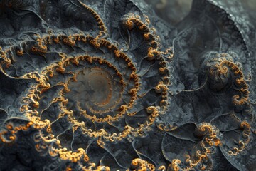 Poster - Fractal patterns unfolding in intricate spirals with golden details, creating an endless visual journey into mathematical beauty and infinite depth