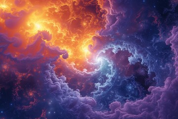 Poster - Fractal patterns emerge from cosmic fog as vibrant colors swirl together, creating a stunning celestial display during a mesmerizing cosmic event in deep space