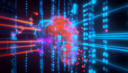 Abstract digital data sphere swirling; binary code background; futuristic technology concept; ideal for tech websites or presentations