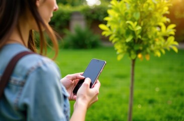 Young women's hand hold mobile phone in the green garden when watching little tree garden