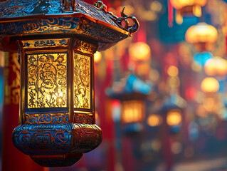 Poster - Ornate lantern with glowing light in a vibrant festive setting