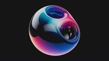 Poster - Abstract 3D render of a glossy, iridescent sphere with inner cavities, displaying vibrant blue and pink hues.