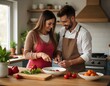 © chaoslove777 - couple or friends cooking and preparing a meal together in a kitchen  for  wedding day or birthday or Valentine's