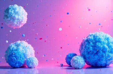 Abstract background, blue fluffy balls on pink background with bokeh and sequins