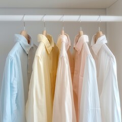 Poster - A minimalist of five white, pale yellow and pale pink and blue women shirts hanging on wooden hangers, the clothes next to each other.