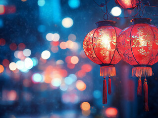 Poster - Traditional red lanterns glowing with colorful bokeh in festive night