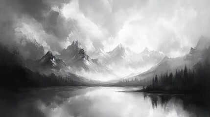 Wall Mural - A serene black-and-white landscape featuring mountains and a reflective lake under cloudy skies.