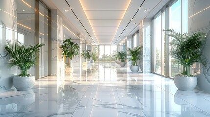 Canvas Print - Interior of modern office hall with clean white marble floor and green plants, inside luxury shiny lobby of commercial building. Concept of tile, hallway, company, business.