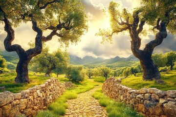 Wall Mural - Serene Pathway Through Ancient Trees at Sunset - A Tranquil Landscape for Nature Enthusiasts.