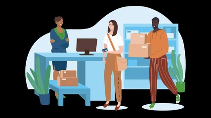 Poster - A diverse group of people in a modern office with a woman carrying boxes and a man at a desk.