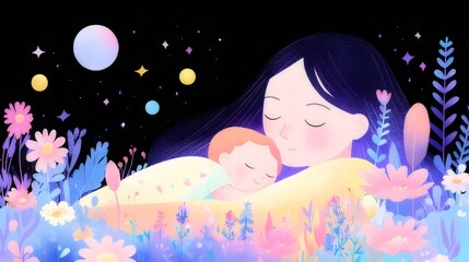 Wall Mural - Mother tenderly holding sleeping baby amidst vibrant flowers under a starry night sky.