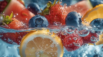 Wall Mural - A blueberries, watermelon slices, strawberries, lychees, and lemon floating in clear water.