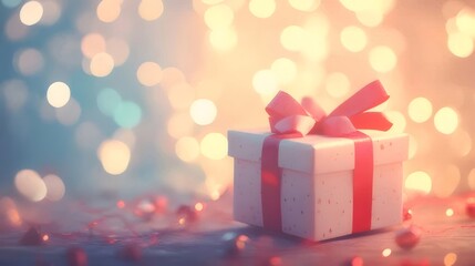 Wall Mural - Festive gift box with red ribbon on bokeh background.