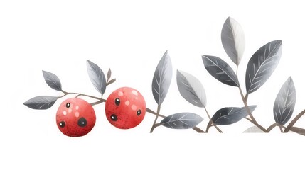 Wall Mural - Watercolor painting of red berries and grey leaves on a branch.