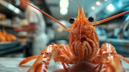 A giant shrimp in a restaurant kitchen.