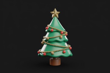 Poster - A stylized 3D render of a decorated Christmas tree, adorned with gold beads and red ornaments, against a black backdrop.