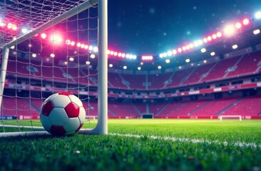 Close-up of a red and white soccer ball lying near the soccer goal on the grass, the stadium, the spotlights, the neon-lit lights glowing from above, and the stands with people. The concept of sports 