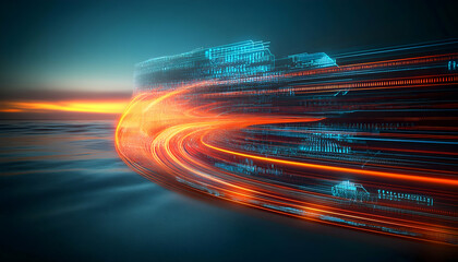 Data stream swirling across sunset landscape, futuristic technology concept, website header