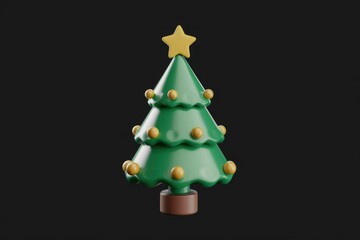 Poster - A stylized 3D model of a Christmas tree with a yellow star and ornaments on a dark background.