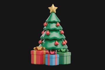 Poster - A 3D rendered Christmas tree adorned with red ornaments and surrounded by colorful gifts.
