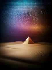 Desert pyramid under digital sky; ancient mystery meets modern technology; night scene; website background