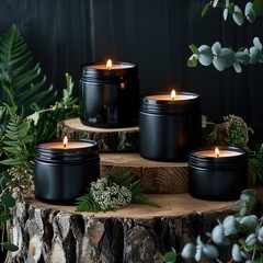 Poster - A 4 black jars of candle are placed on top of different wooden pieces, surrounded by green plants and wood branches, against the backdrop of black walls.