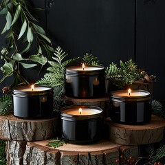 Poster - A 4 black jars of candle are placed on top of different wooden pieces, surrounded by green plants and wood branches, against the backdrop of black walls.