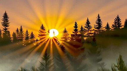 Wall Mural - The sun is shining through the trees, creating a beautiful and serene atmosphere. The sky is cloudy, but the sun's rays are still able to break through, casting a warm glow on the forest