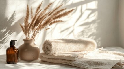 Wall Mural - a white towel and a bottle of liquid on a table