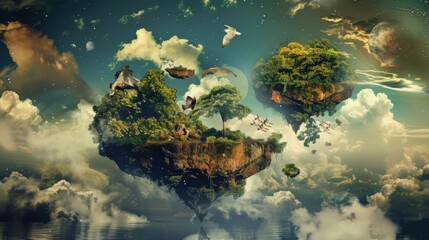 Wall Mural - a surreal dreamscape of floating islands and cascading waterfalls, white space in the center of the page for text, pastel hues against a soft