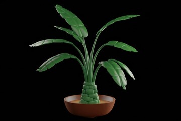 Aufkleber - A stylized 3D render of a plant with broad leaves in a terracotta pot, set against a black backdrop.
