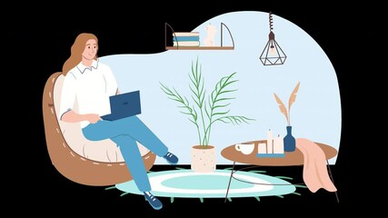 Poster - A Caucasian woman working on a laptop in a cozy living space with plants and decor.
