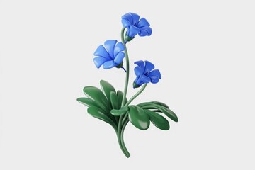 Poster - Stylized 3D render of a blue flower with green leaves, simple and elegant.
