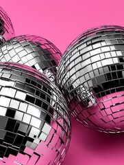 Wall Mural - Three shiny disco balls on a pink background