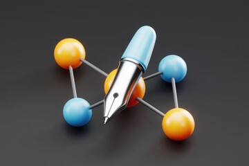 Aufkleber - A fountain pen rests on a molecular structure, symbolizing the connection between writing and scientific discovery.