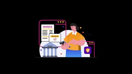 Aufkleber - A European woman in a yellow shirt handling a smartphone with an invoice on a digital screen in a financial context.