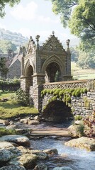 Wall Mural - Stone Bridge Over Serene Stream in Lush Countryside with Vibrant Greenery and Blue Sky