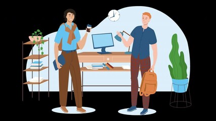 Poster - A diverse group of people in a casual office setting, one holding a coffee and another with a backpack, representing a modern work environment.