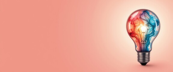 Poster - Vibrant artistic light bulb with colorful ink swirls on peach background