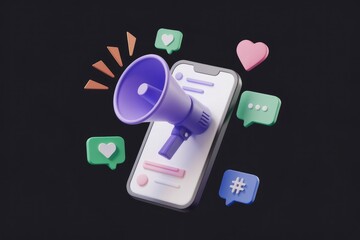 Poster - Smartphone with megaphone and social media icons illustrating digital marketing and mobile promotion strategies.