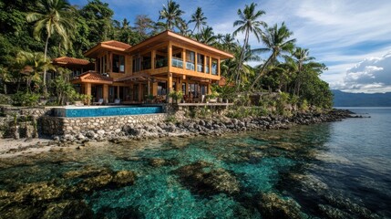 Wall Mural - Stunning Tropical Oceanfront Villa Featuring Infinity Pool Surrounded by Lush Palm Trees